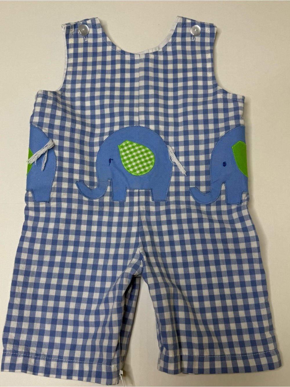 Funtasia Too Blue Gingham Elephant Appliqué Baby Romper